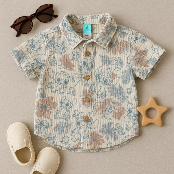 Disney Other - Disney Baby Stitch Button-Up Shirt 24M Blue & Tan Tropical Print Gauze Cotton